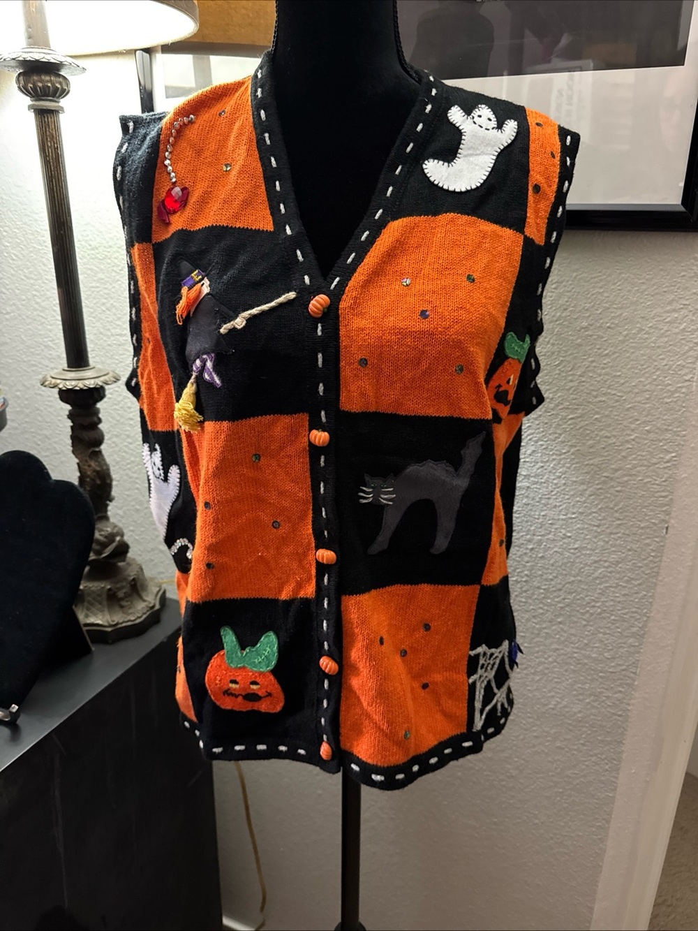 Karen Scott Halloween Patchwork Vintage Vest - Orange & Black
